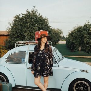 Velvet Floral Long-Sleeve Mini Dress in Midnight Blue